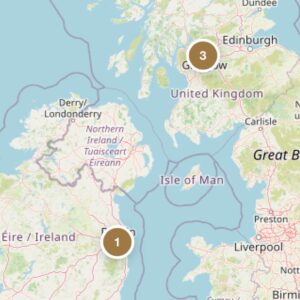 The map shows 3 shows in Glasgow and 1 in Dublin.